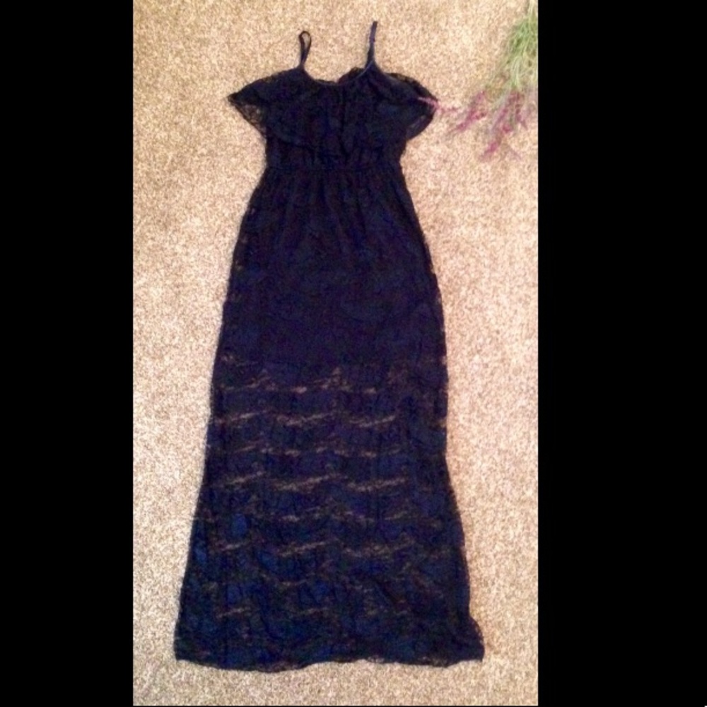 Navy Blue Lace Overlay Maxi Dress
